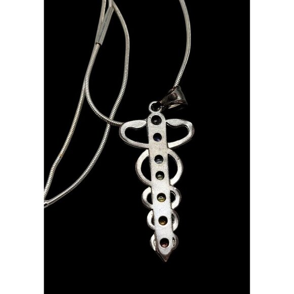 Chakra Healing Caduceus Pendant Necklace Faux Gemstones 35" Chain Silver Tone - Picture 6 of 16